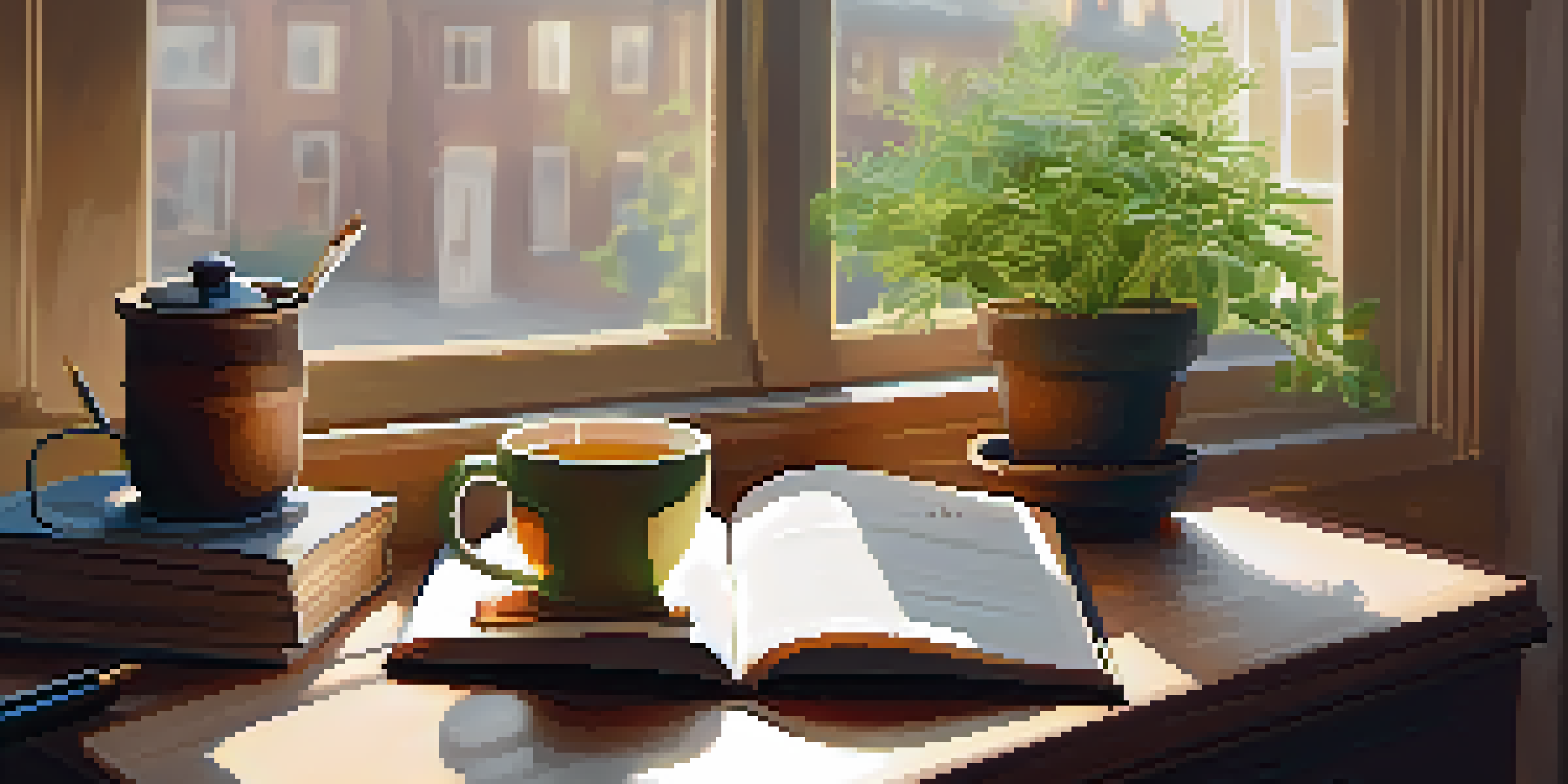 A warm and cozy workspace with an open journal, a fountain pen, and a steaming cup of tea, bathed in natural light.