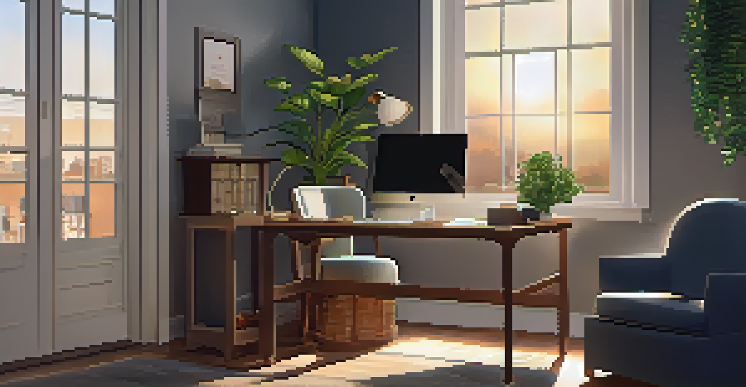 A peaceful home office with a computer on a desk, potted plant, and herbal tea, all set against a darkening sky outside.