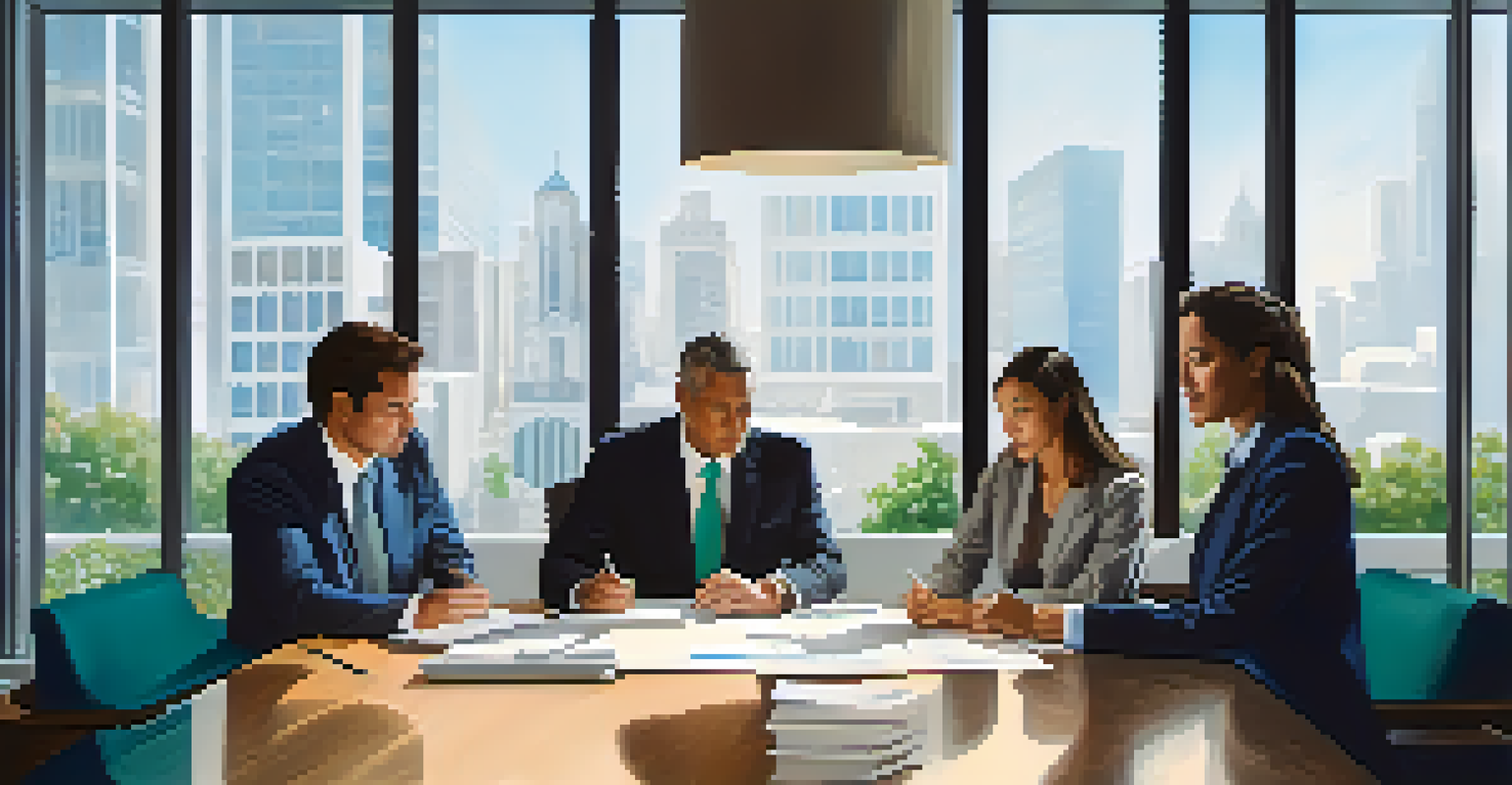 A diverse group of professionals discussing financial documents in a bright office, emphasizing collaboration and transparency.