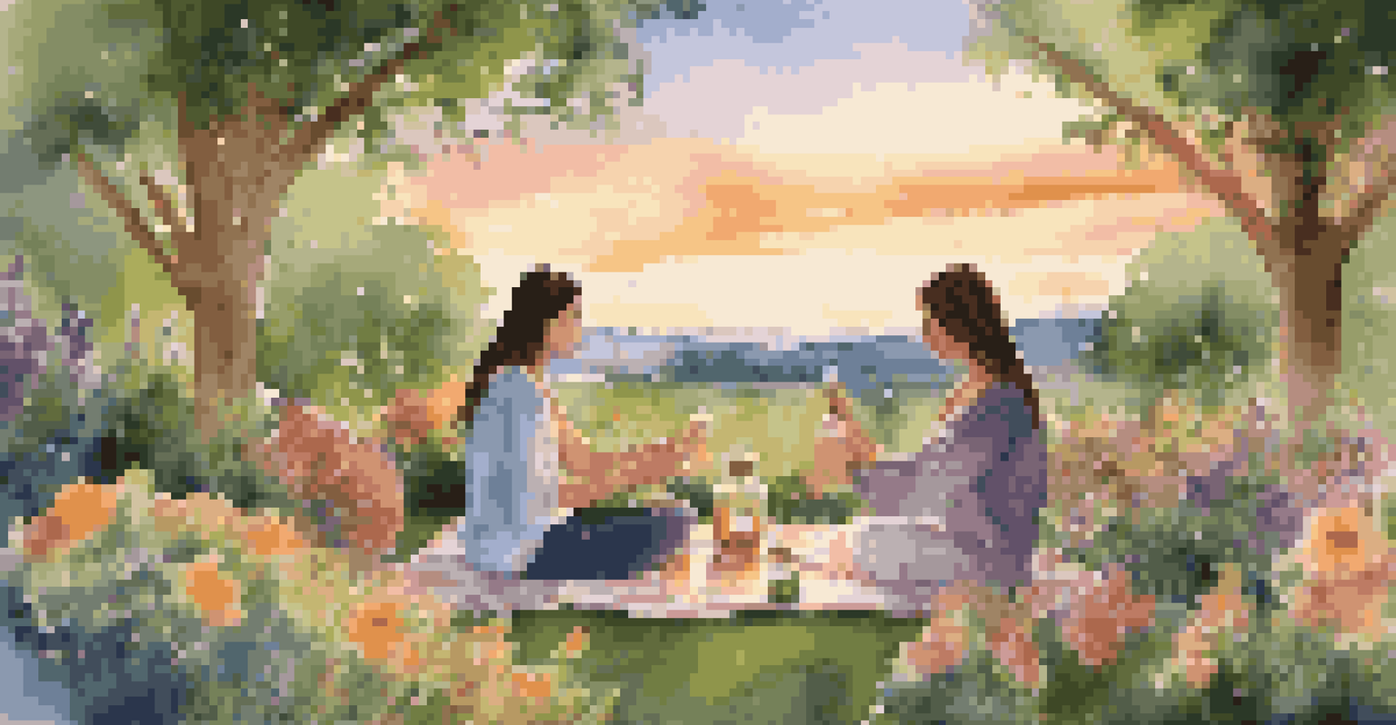 A couple enjoying a serene garden setting, blending essential oils together while surrounded by flowers and a vibrant sunset.