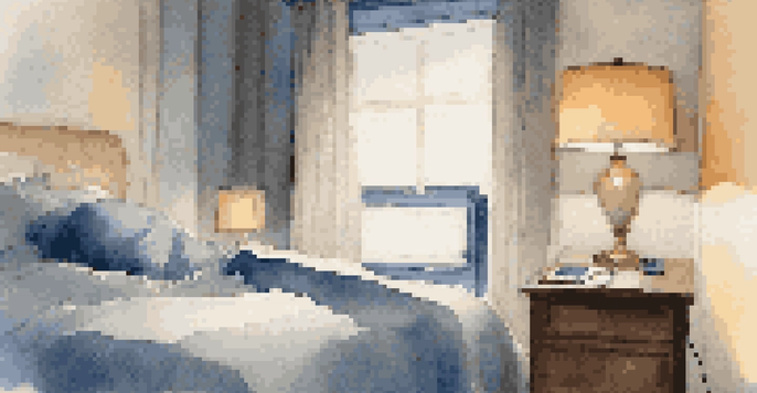 A peaceful bedroom with a shift worker sleeping in a smart sleep mask, surrounded by calming elements like a bedside lamp and sleep tracker.