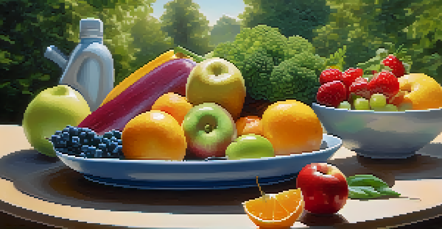 A split image showing healthy foods on one side and exercise equipment on the other, set in a peaceful outdoor background with sunlight.