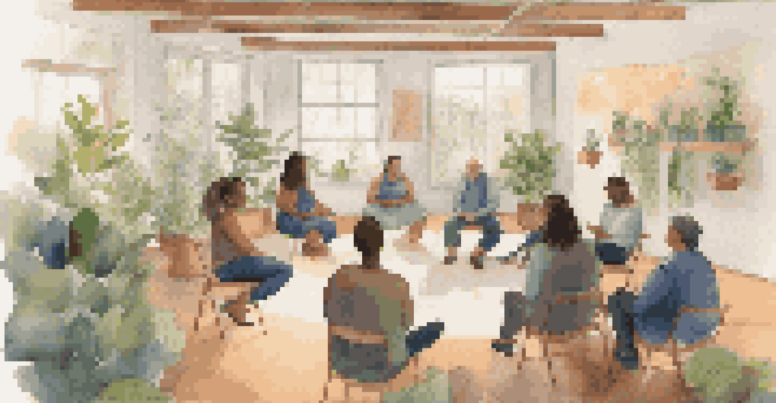 An indoor workshop space with participants discussing self-compassion in a circle, surrounded by plants and warm lighting.