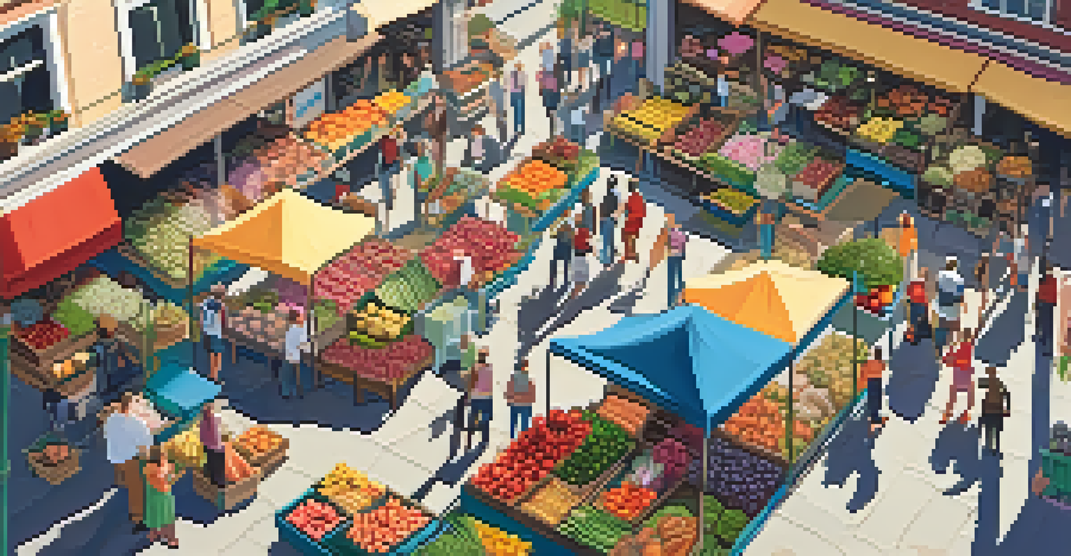 A busy farmer's market with colorful stalls full of fresh produce and people interacting under sunlight.