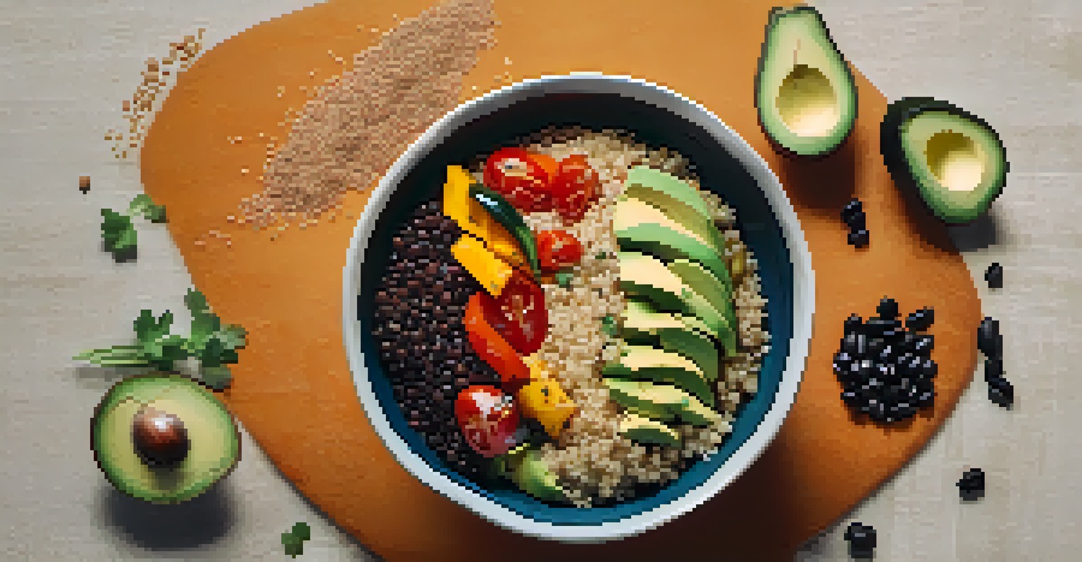 A nutritious quinoa bowl with vegetables, avocado, and black beans on a simple background.