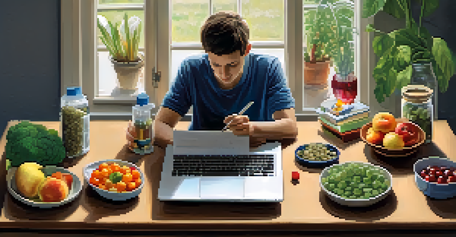 A person analyzing their nutritional needs with supplements, fruits, and vegetables on a table, with soft lighting.