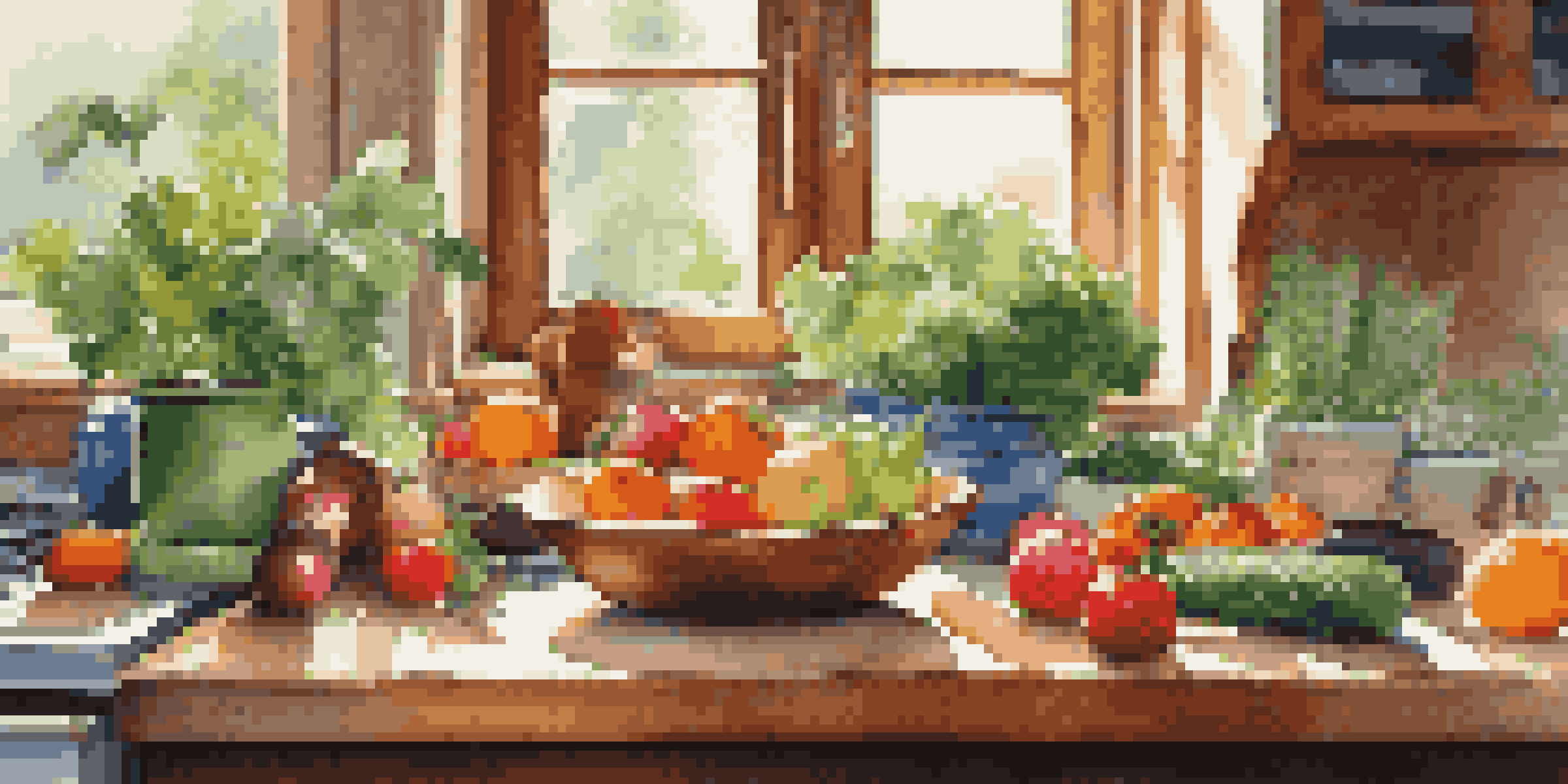 A vibrant kitchen counter with fresh vegetables, fruits, and herbs, illuminated by warm sunlight.
