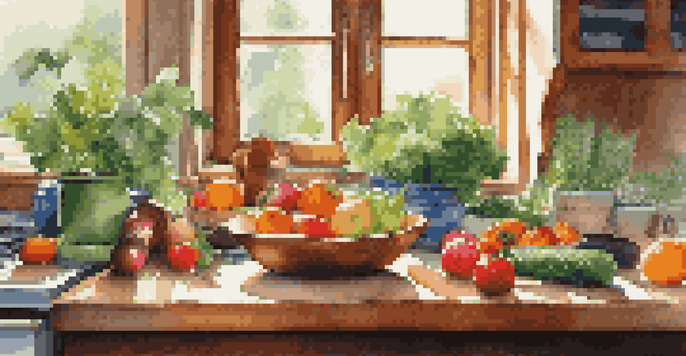 A vibrant kitchen counter with fresh vegetables, fruits, and herbs, illuminated by warm sunlight.