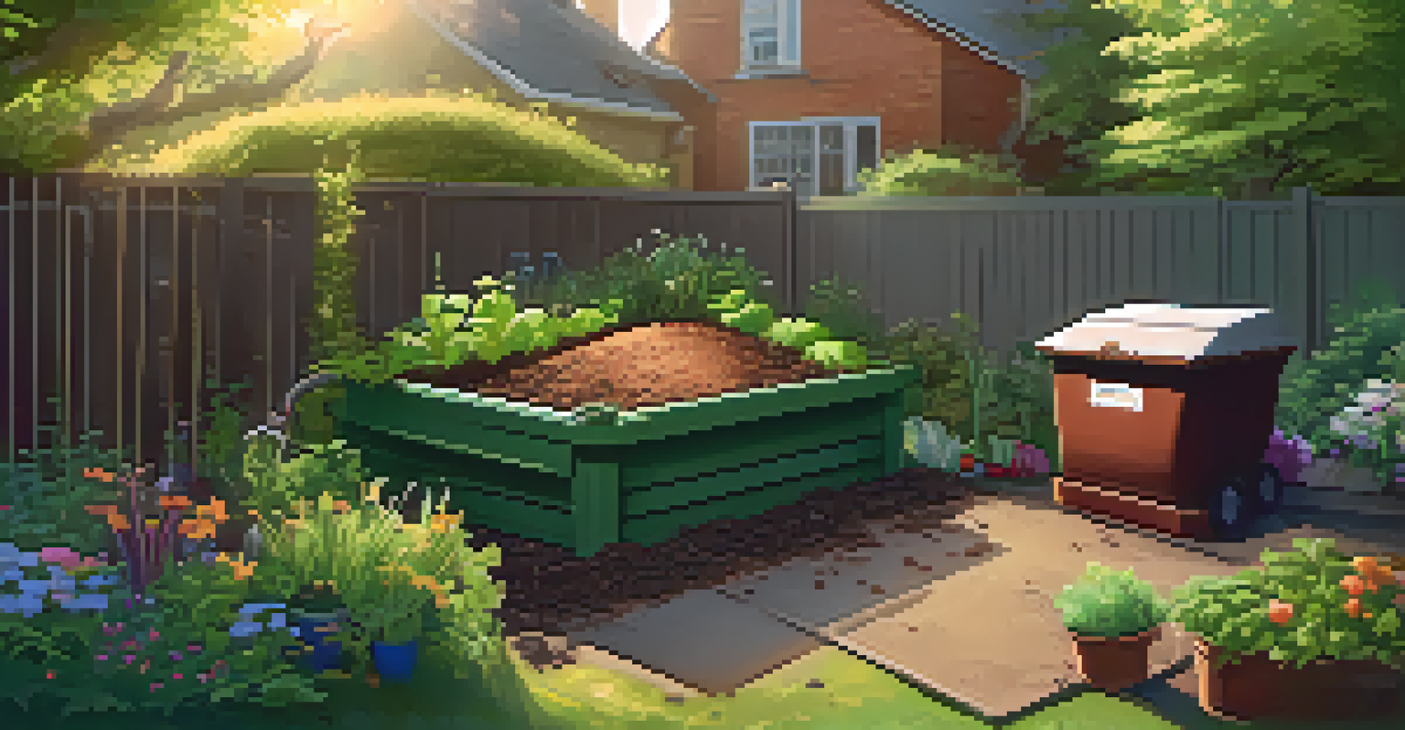 An outdoor composting setup in a backyard garden with a compost bin surrounded by plants and a vegetable patch.