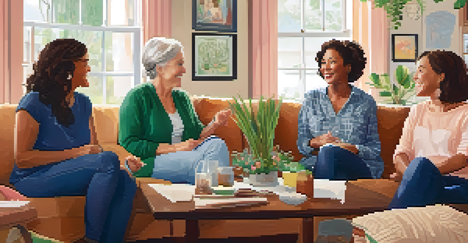 A group of women sitting in a cozy living room, talking and supporting each other during menopause.