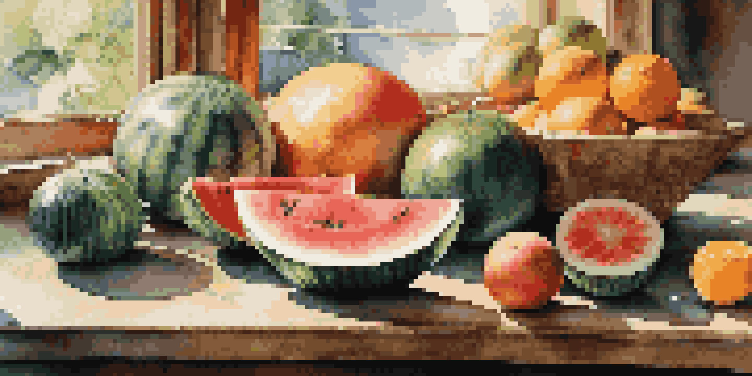 A vibrant still life arrangement of watermelon, cucumbers, and oranges on a wooden table, illuminated by soft sunlight.