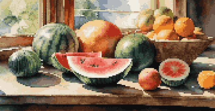 A vibrant still life arrangement of watermelon, cucumbers, and oranges on a wooden table, illuminated by soft sunlight.