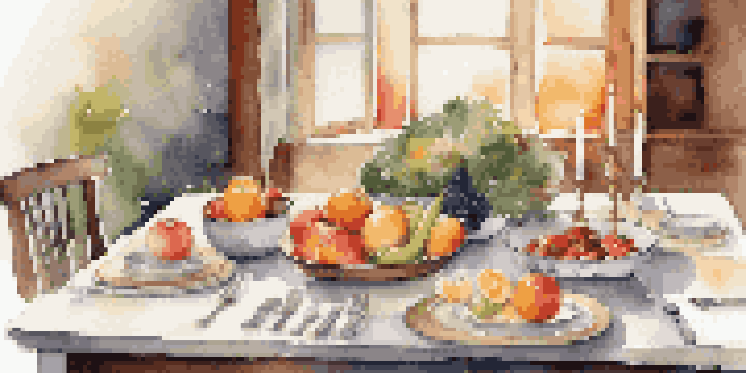 A beautifully set dining table with colorful fruits and vegetables, candlelight, and a soft blurred background.