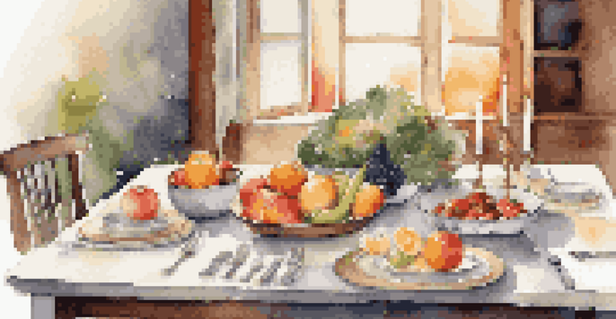 A beautifully set dining table with colorful fruits and vegetables, candlelight, and a soft blurred background.