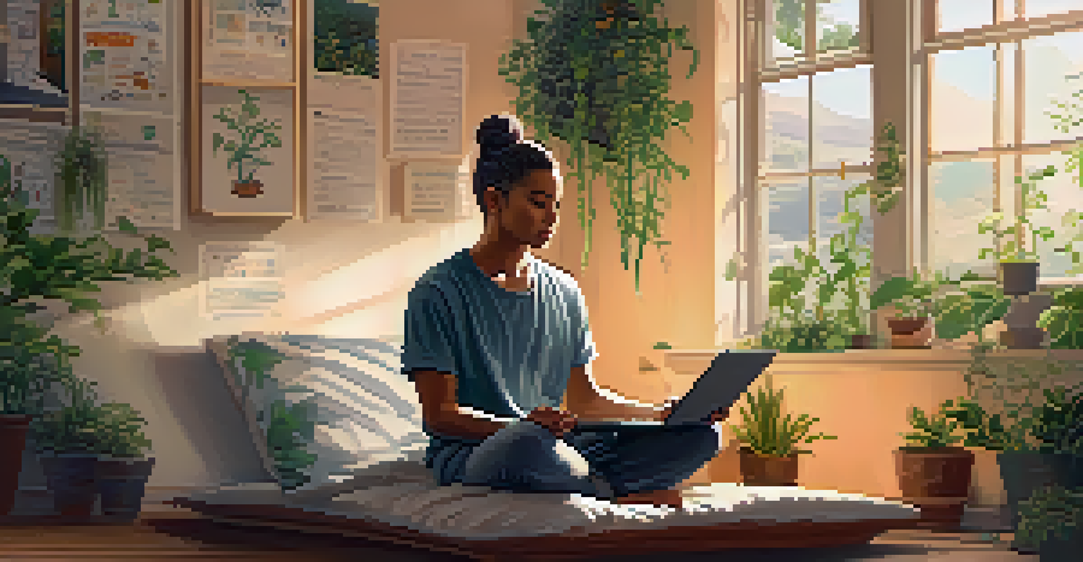 A person meditating in a cozy room filled with plants and warm light, with a laptop displaying positive social media content.