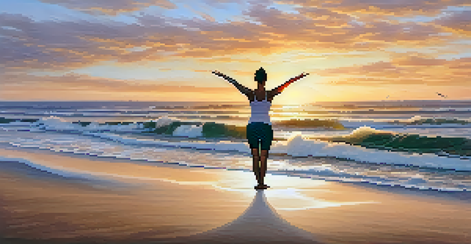 A person practicing yoga on a beach at sunrise with ocean waves in the background.