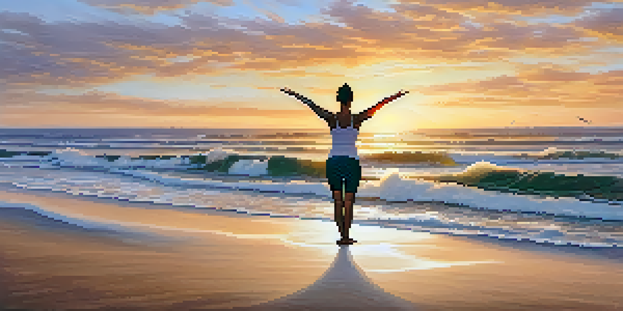 A person practicing yoga on a beach at sunrise with ocean waves in the background.
