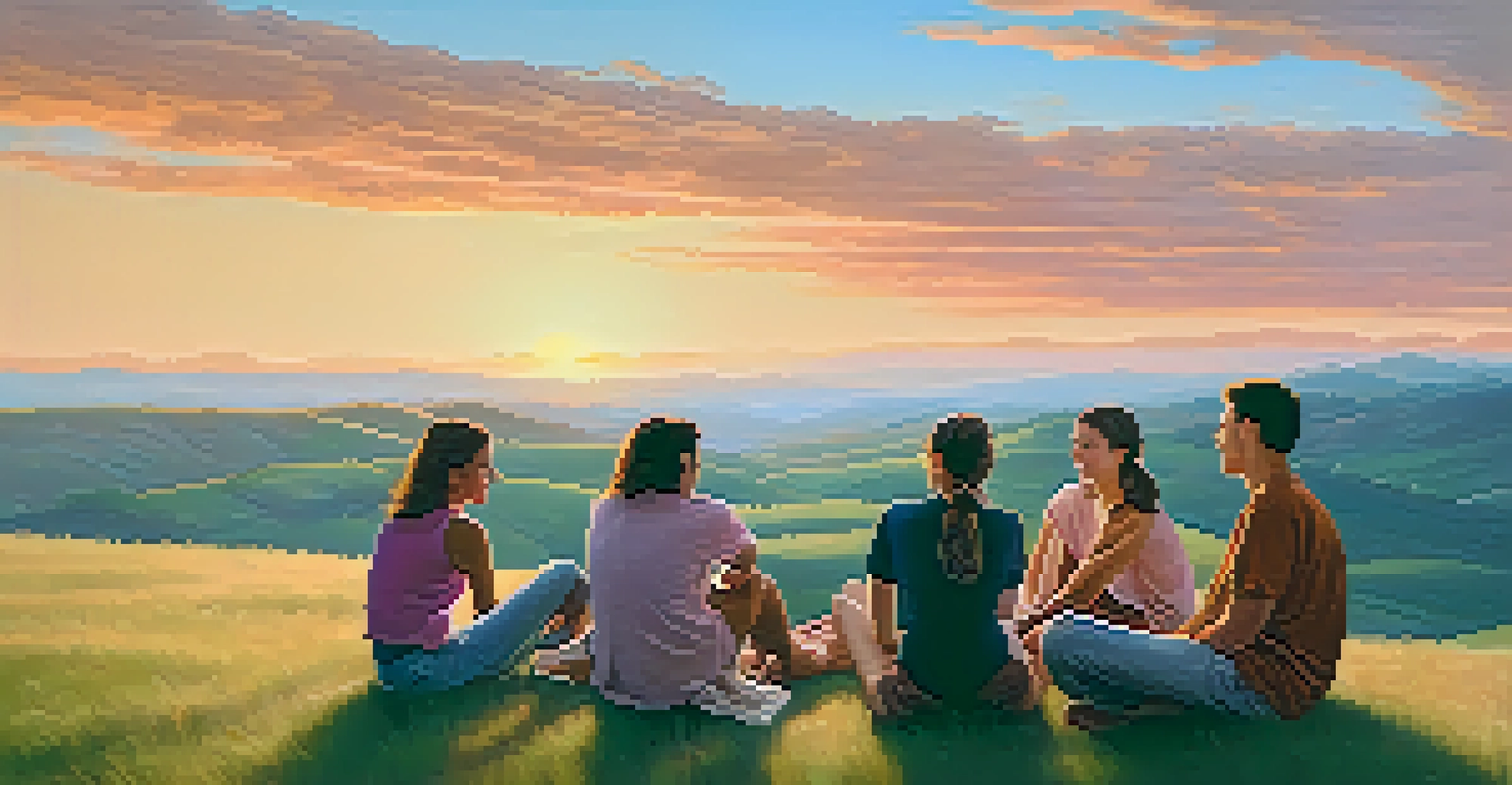 A group of friends sitting together on a hillside at sunset, engaged in a supportive conversation.