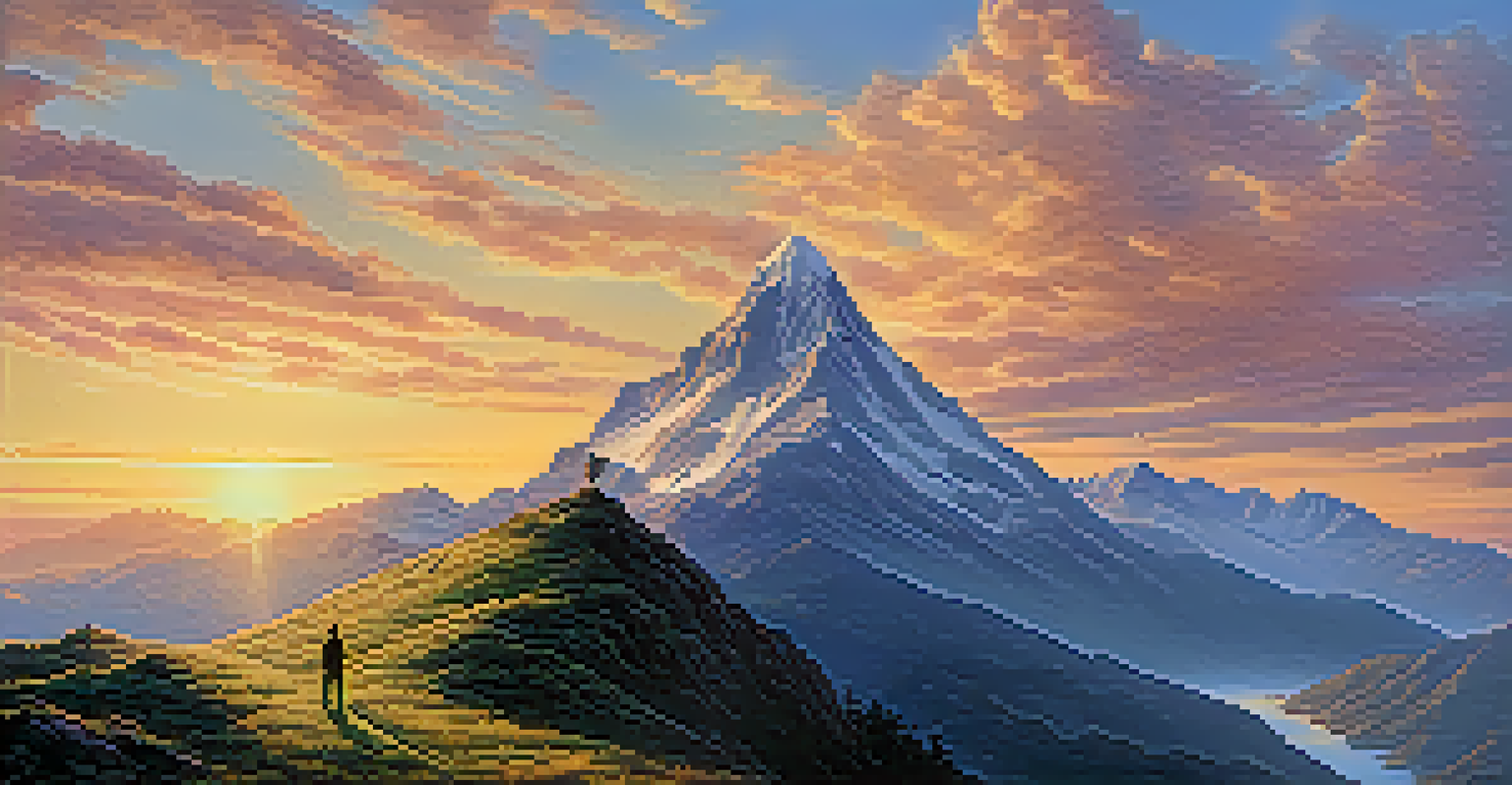 A person at the base of a mountain looking up at the peak, symbolizing the journey of setting realistic goals.