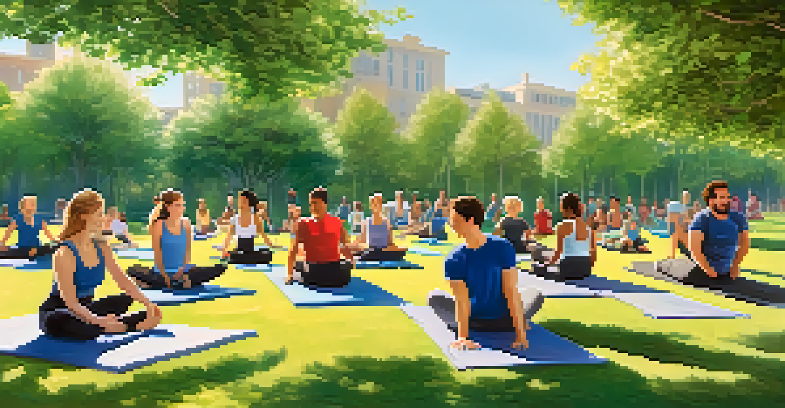 A group of individuals with autism participating in an outdoor Pilates class in a park, enjoying the experience together.