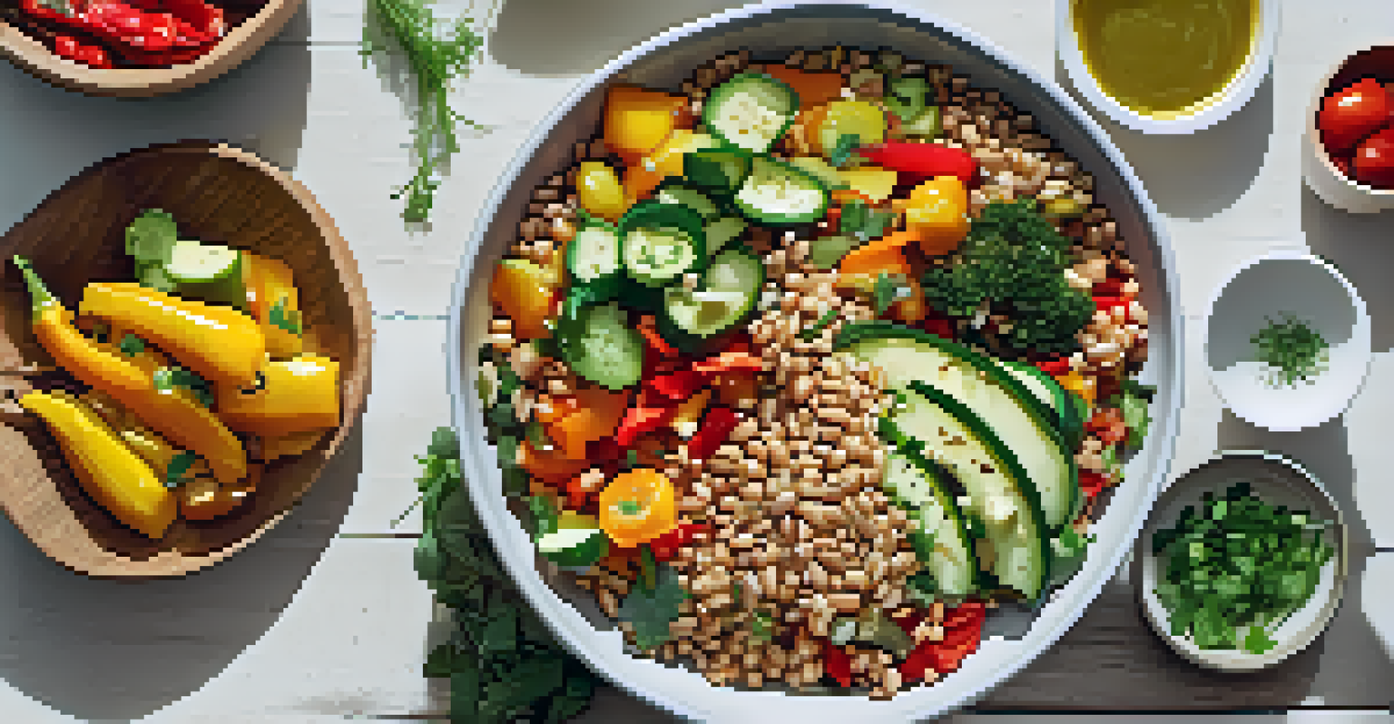 A grain bowl made with farro and topped with roasted vegetables, placed on a wooden table with fresh ingredients around it.