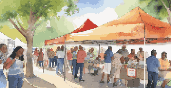 A community health fair with diverse individuals discussing vaccination, colorful banners, and an information booth under sunlight.