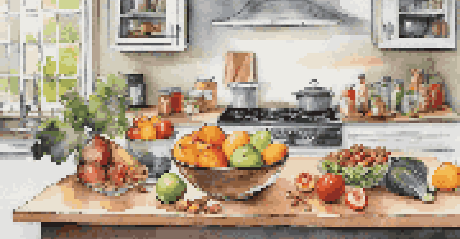 A vibrant kitchen countertop with fruits, vegetables, nuts, and turkey, showcasing nutritious foods that support sleep health.