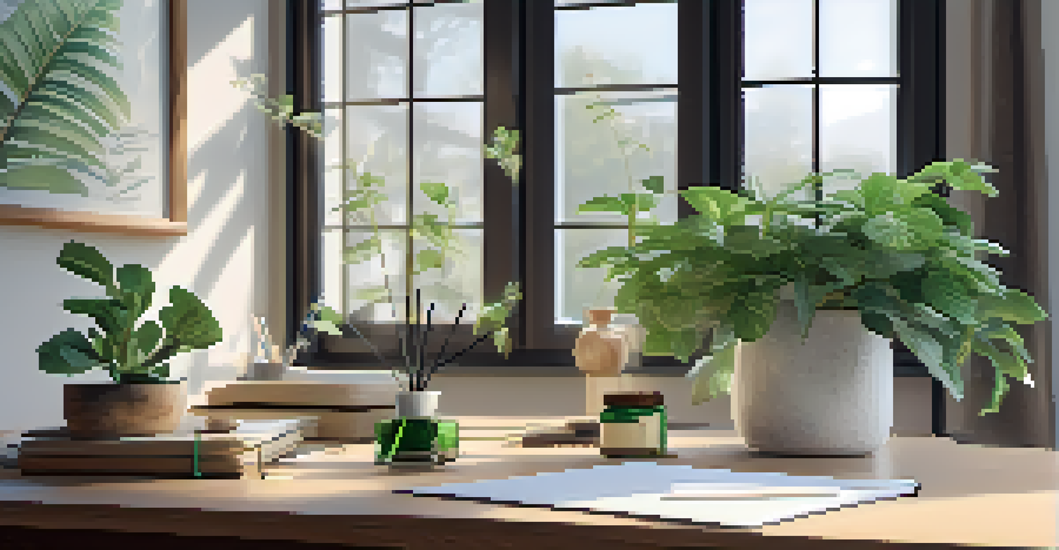 A calming workspace with a diffuser releasing peppermint oil, a notebook, and a plant, illuminated by soft natural light.