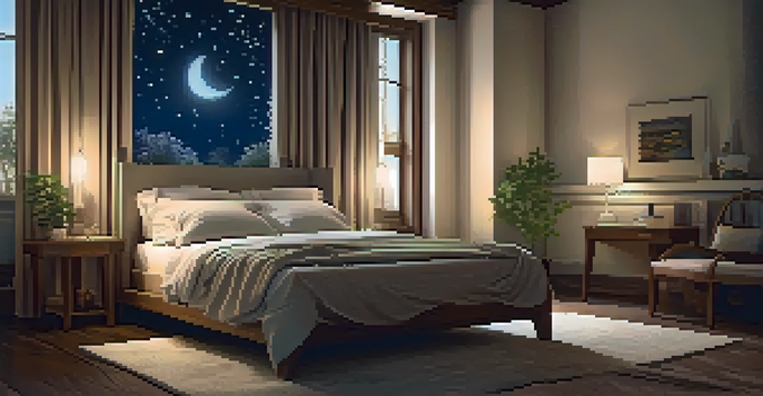 A calming bedroom scene with a cozy bed, warm lighting, and a soothing atmosphere, featuring a bedside table with herbal tea and a candle, and a starry night sky visible through the window.