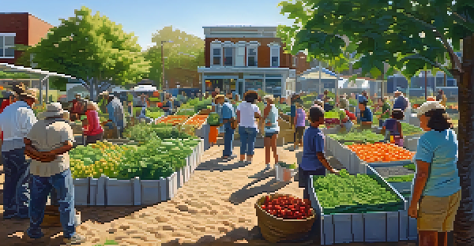 A community garden bustling with activity, showcasing diverse individuals working together among colorful plants under sunlight.