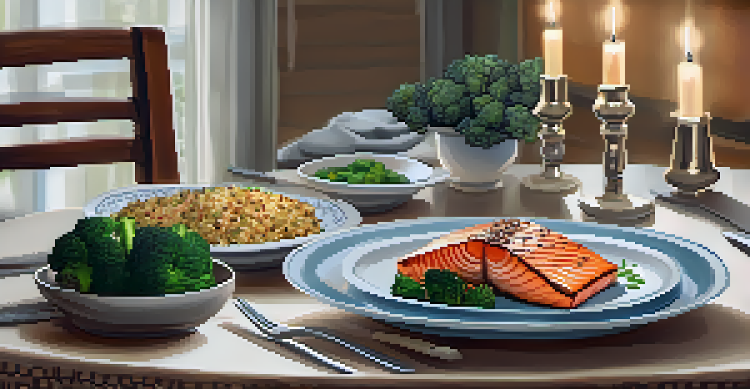 A cozy dining table set with a plate of grilled salmon, quinoa, and broccoli, with warm candlelight creating an inviting atmosphere.