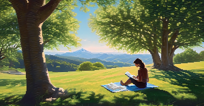 A person reading a book on a grassy hill under a clear blue sky, with trees and mountains in the background.