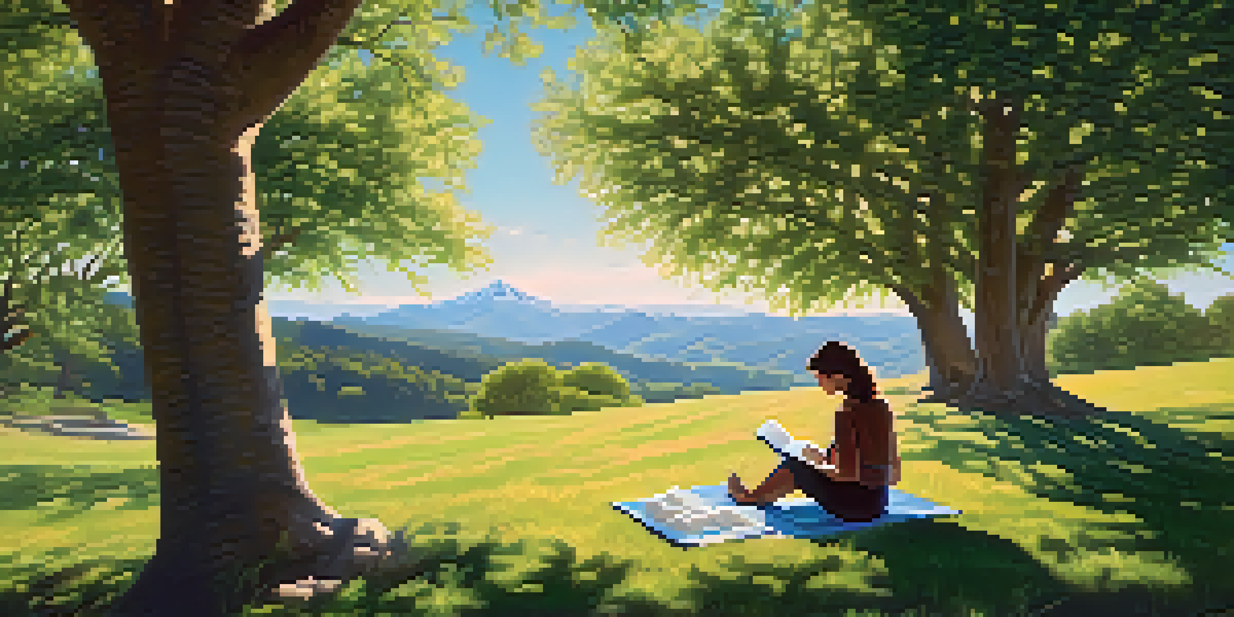 A person reading a book on a grassy hill under a clear blue sky, with trees and mountains in the background.