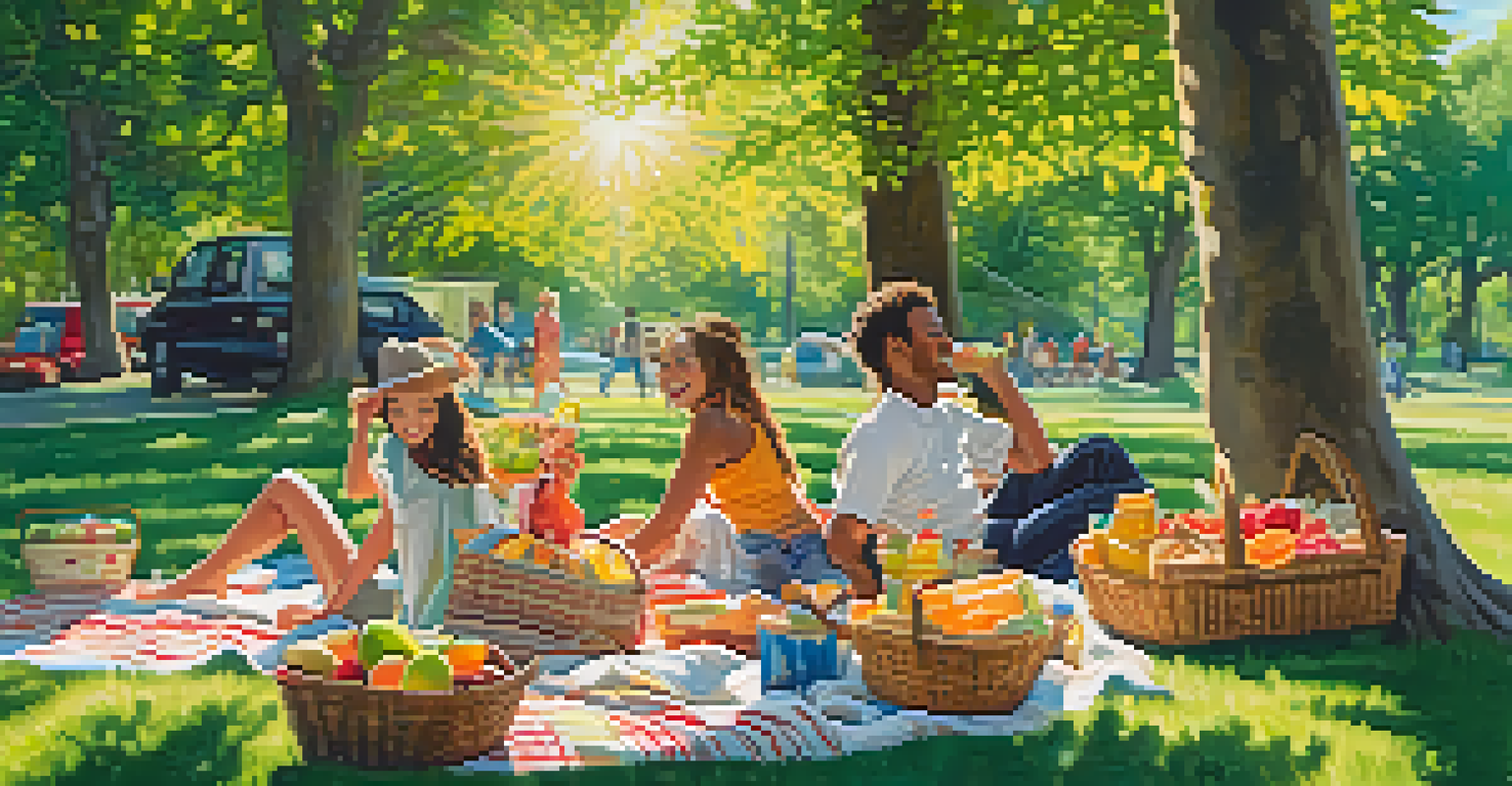 A group of friends enjoying a picnic in a sunlit park with colorful blankets and snacks.