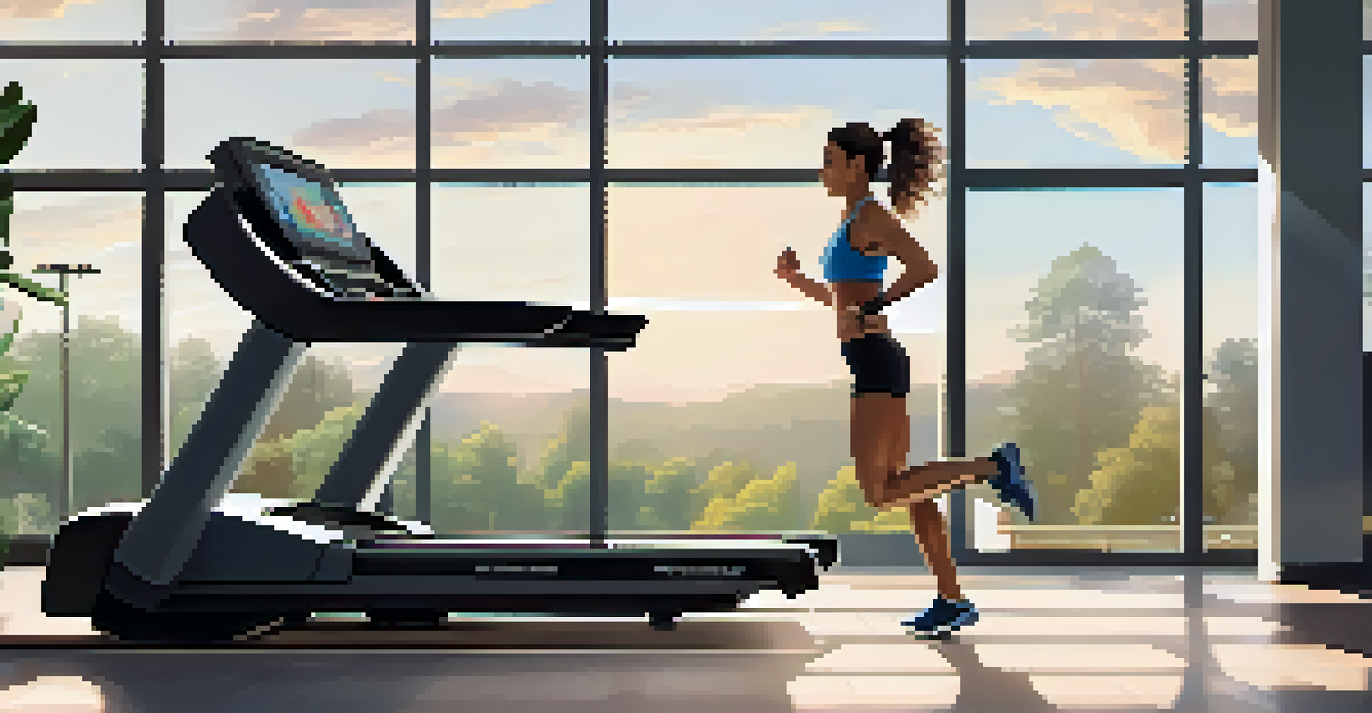 A person using a treadmill for interval training in a bright gym with motivational posters.