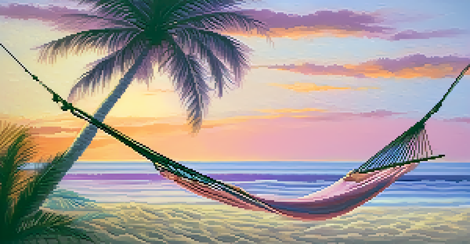 A peaceful beach scene at sunset with a hammock between palm trees and vibrant sky colors.