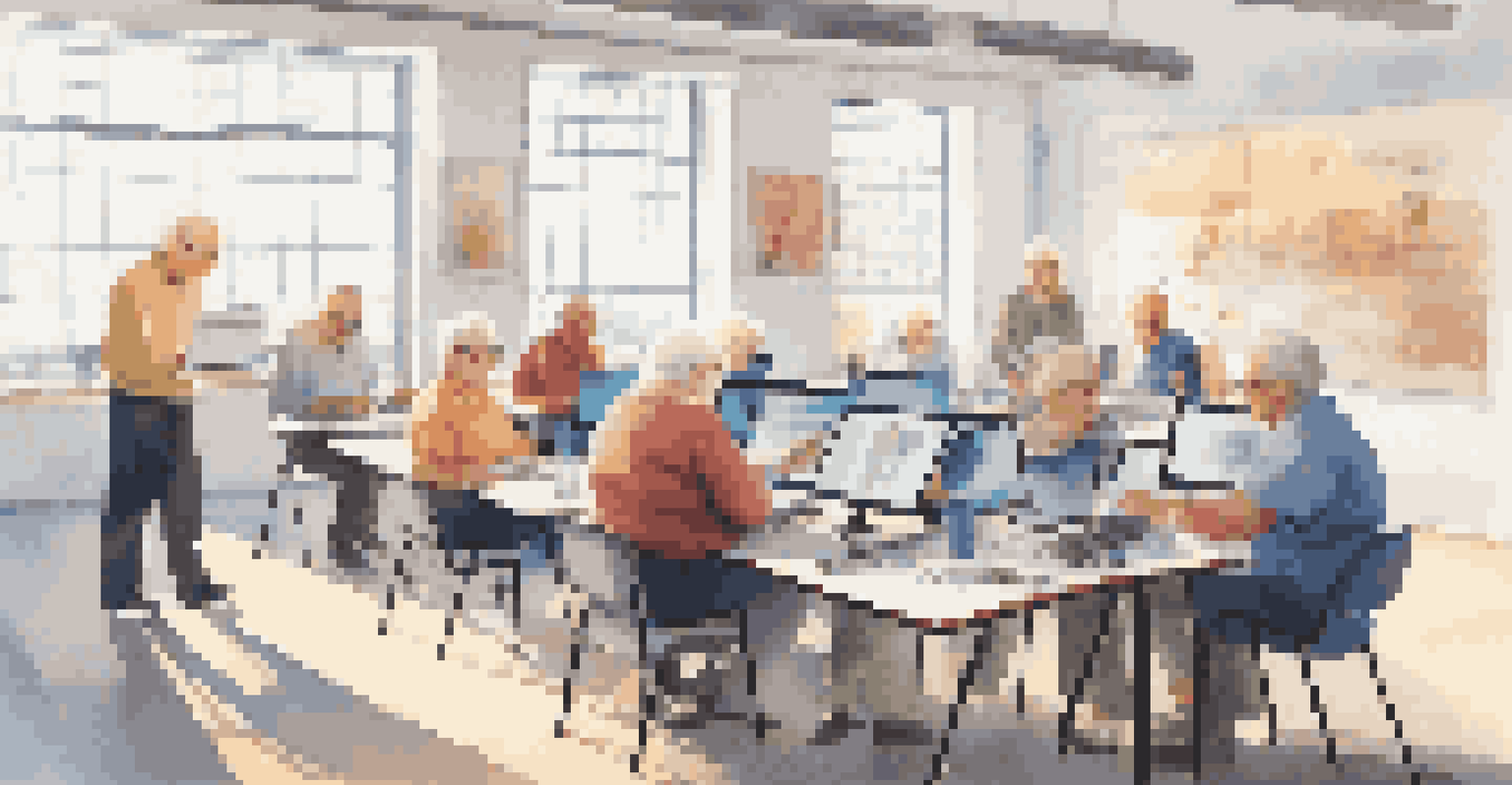 Seniors learning digital skills in a workshop setting, with a friendly instructor guiding them at computers.