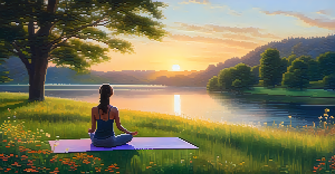 A person practicing yoga in a peaceful park during sunset, with a calm lake and wildflowers around.