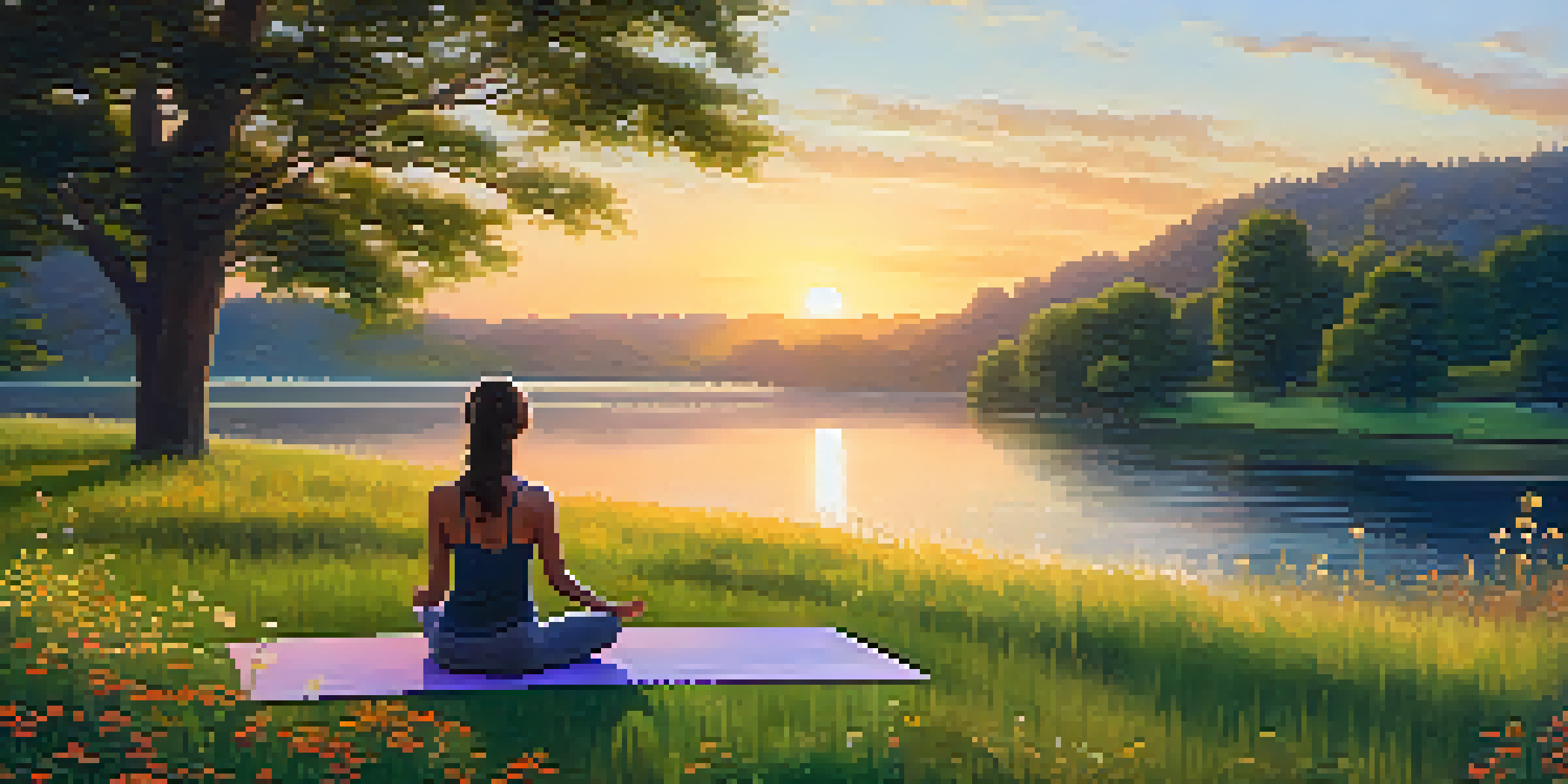 A person practicing yoga in a peaceful park during sunset, with a calm lake and wildflowers around.