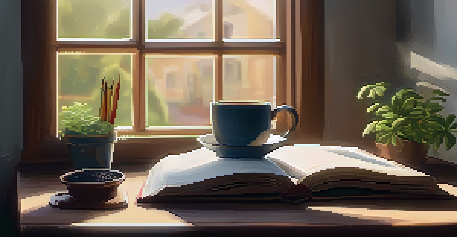 A cozy journaling space with a wooden desk, an open journal, a pen, a potted plant, and a cup of tea, illuminated by warm sunlight.