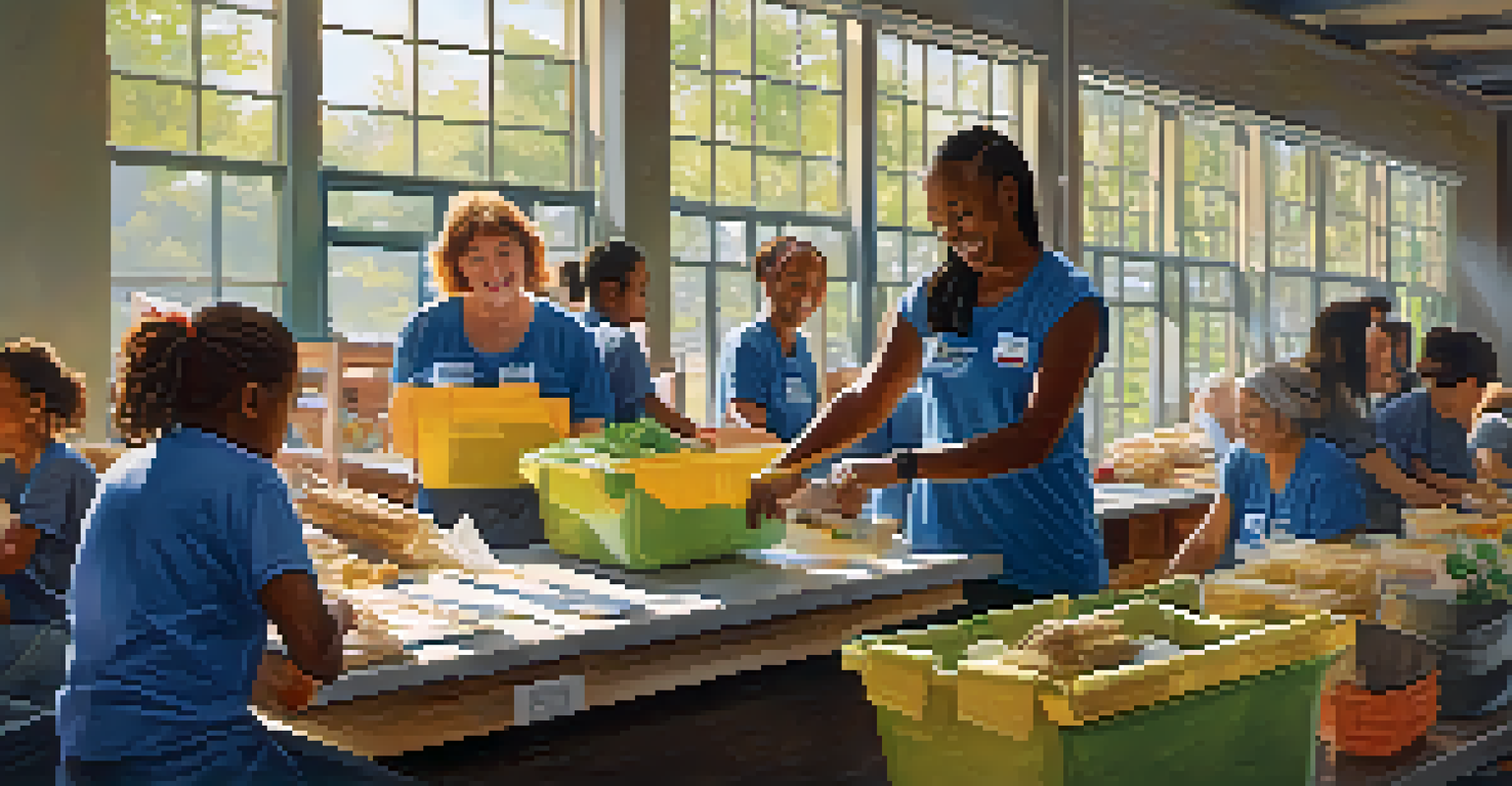 A diverse group of volunteers joyfully working together at a local shelter, sorting donations and interacting with community members in a bright space.