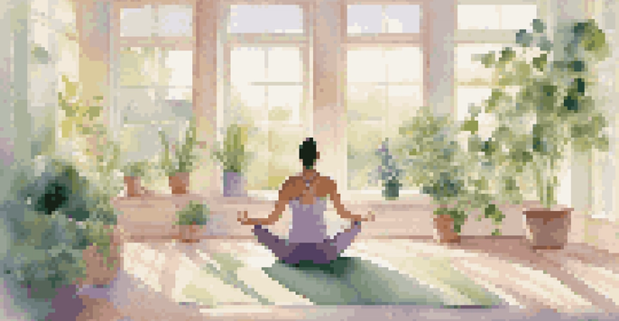 A woman practicing yoga in a bright, peaceful room filled with plants and flowers, with soft natural light coming through the windows.