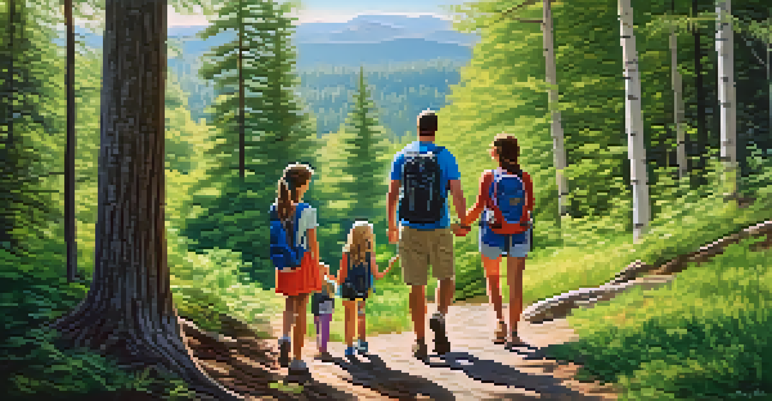 A family hiking together on a scenic trail surrounded by green trees and a clear blue sky, enjoying their time outdoors.