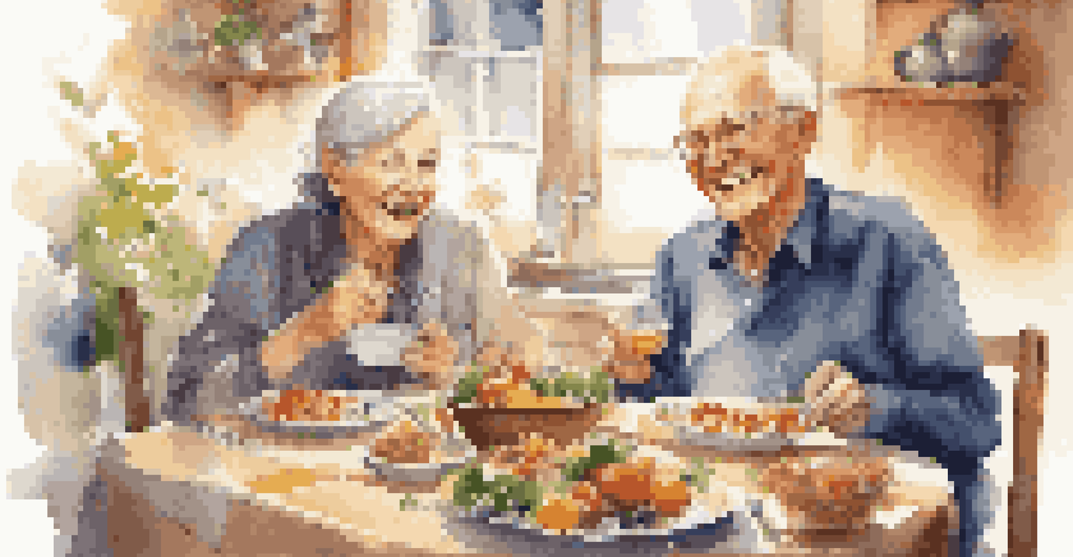 An elderly couple smiling while sharing a meal at a dining table filled with nutritious food, creating a warm and inviting home atmosphere.