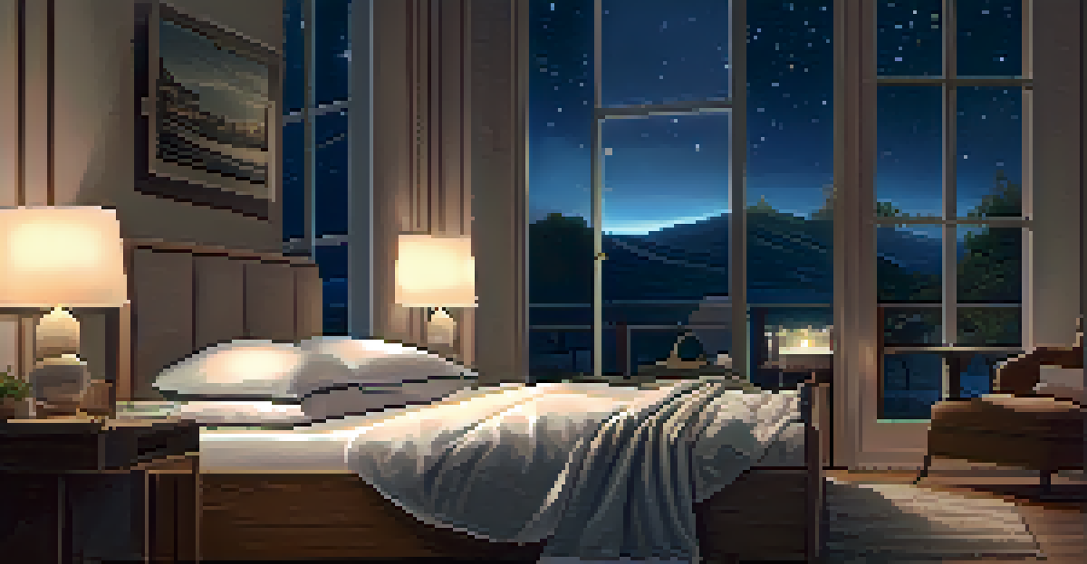 A cozy bedroom with a neatly made bed, soft lighting, and a starry night sky visible through the window.