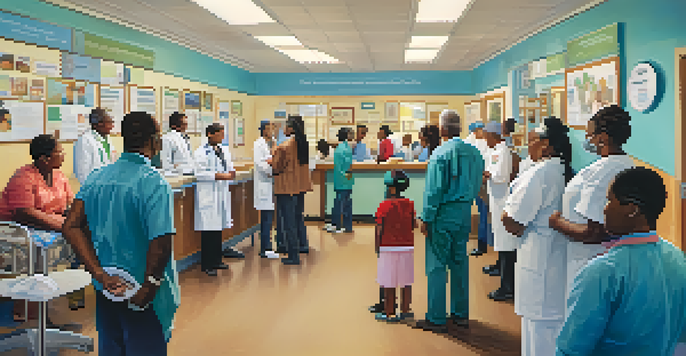 A local health clinic filled with diverse patients and friendly healthcare workers, featuring colorful health initiative posters on the walls.