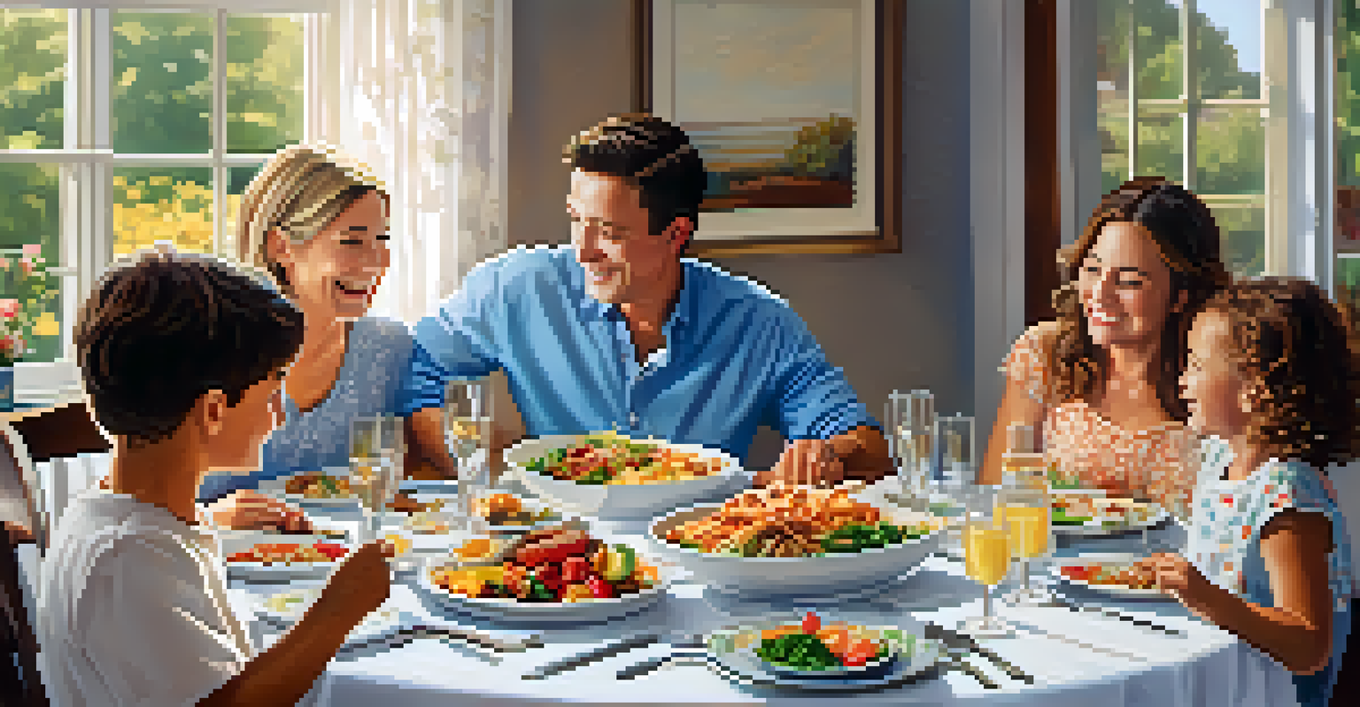 A family joyfully sharing a meal together at a beautifully set dining table.