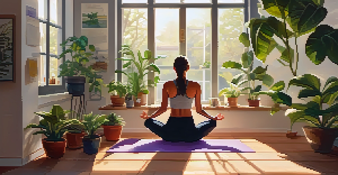 A person practicing yoga in a sunlit room, surrounded by house plants and sticky notes with positive affirmations on the walls.