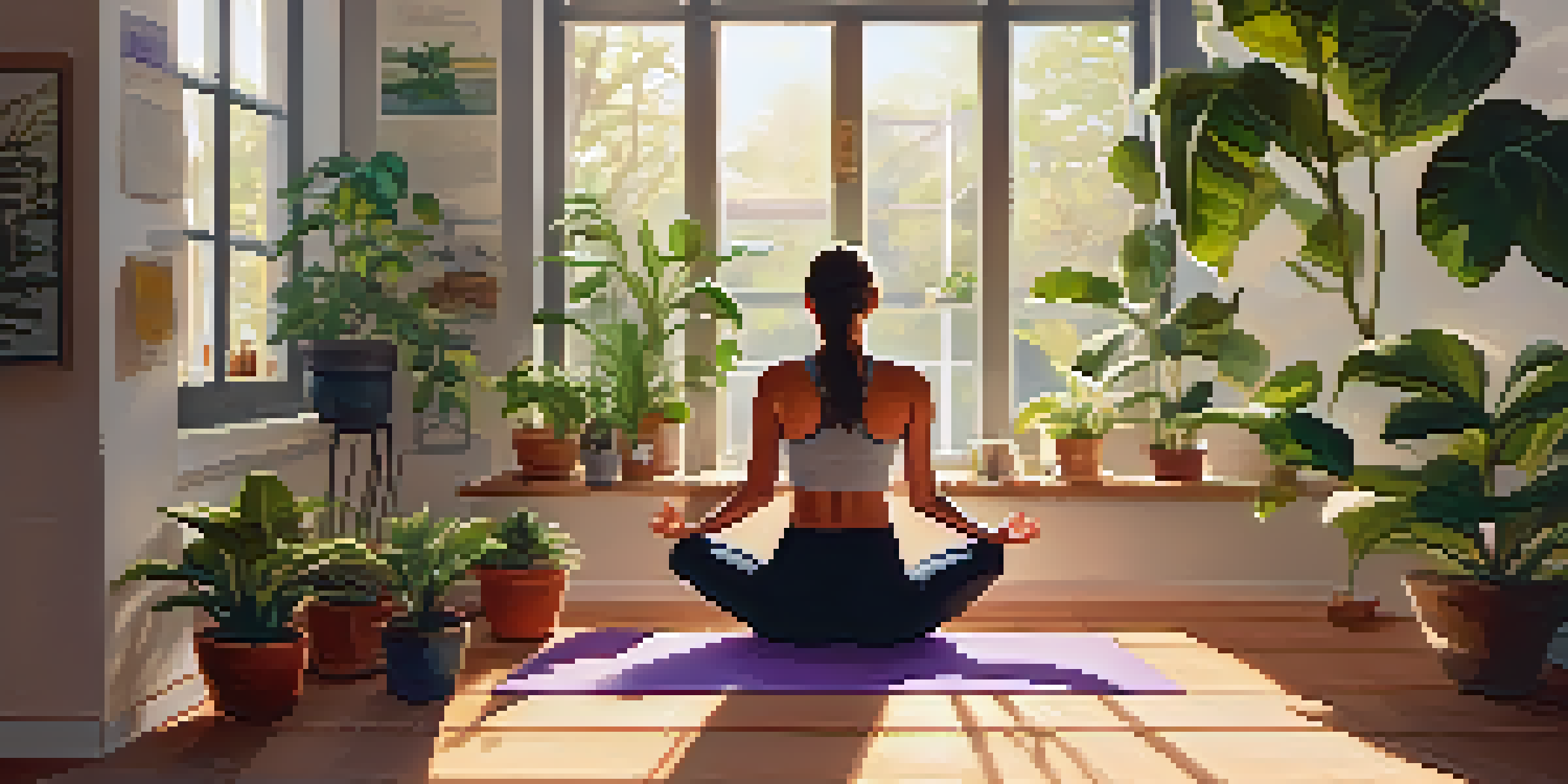 A person practicing yoga in a sunlit room, surrounded by house plants and sticky notes with positive affirmations on the walls.