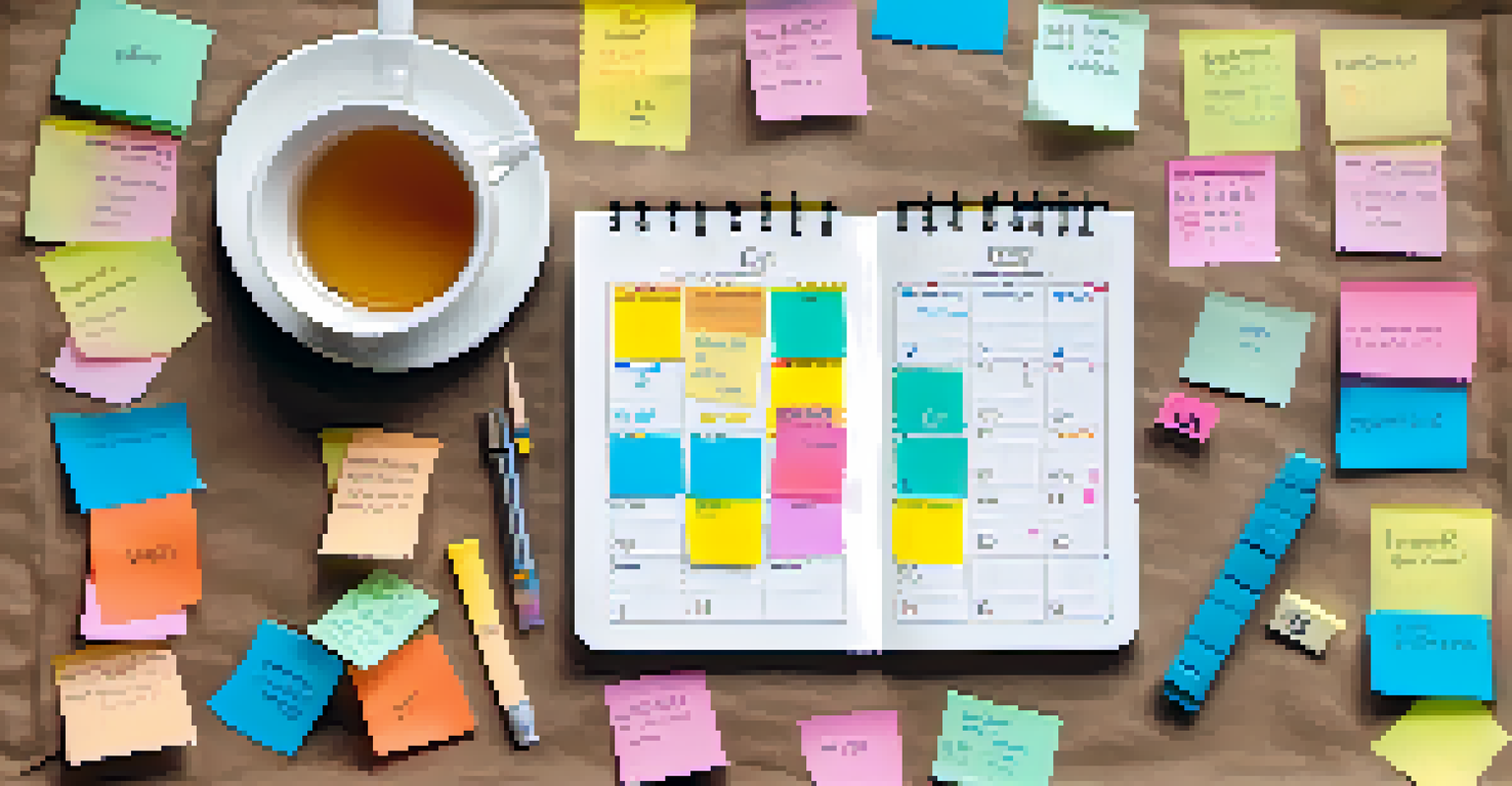 A close-up of a planner filled with colorful sticky notes and reminders, next to a cup of tea, depicting time management for new parents.